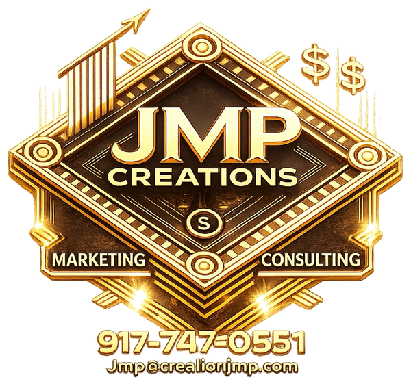 Logo completo de JMP Creations con teléfono y correo electrónico